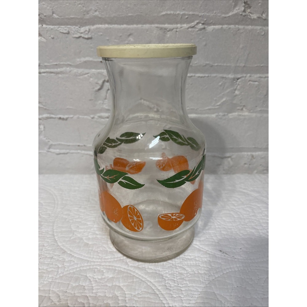 Vtg Anchor Hocking Glass Orange‎ Juice Pitcher + Lid Carafe Oranges Green Leaves